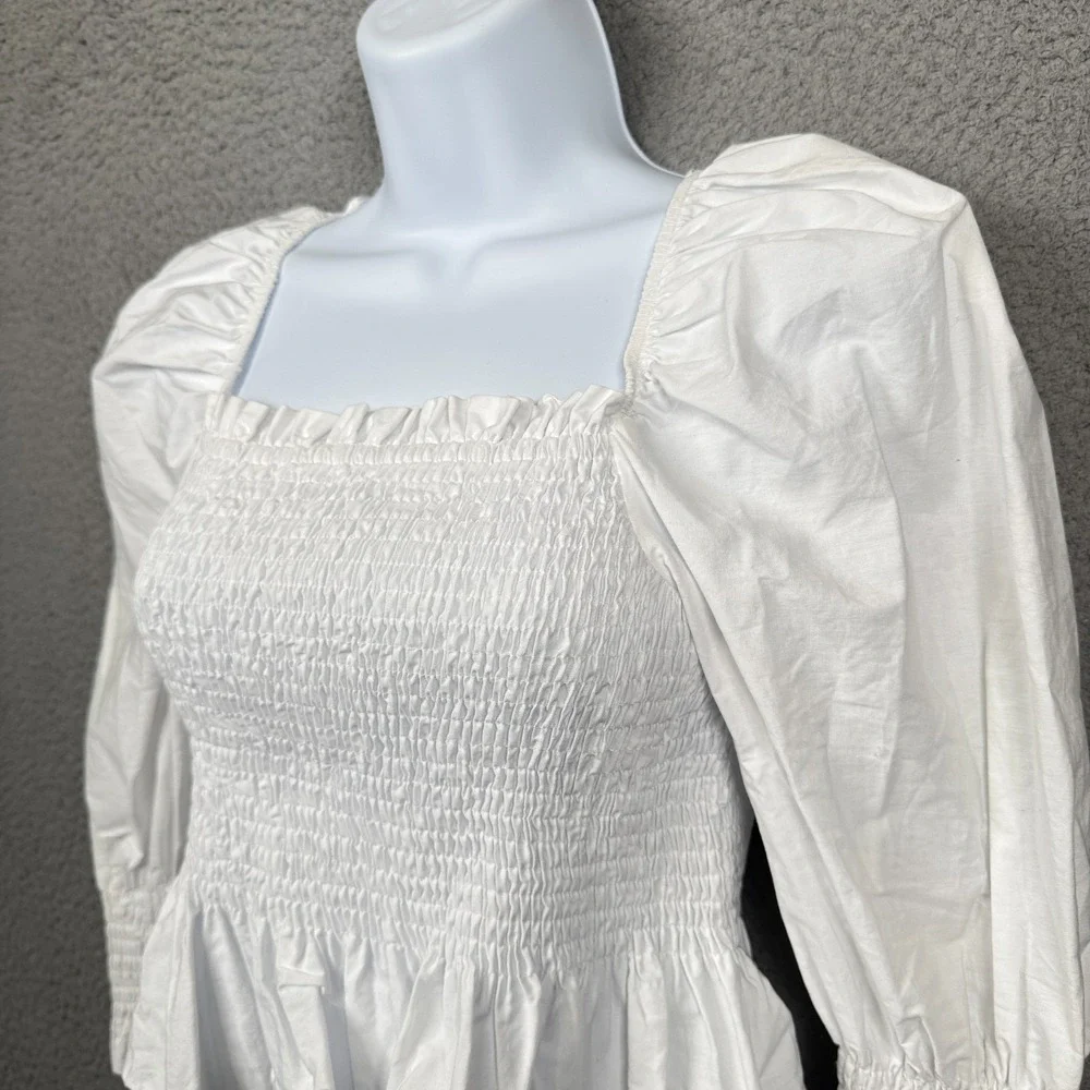 Zara Top Womens S White‎ Smocked Romantic Feminine Milkmaid Preppy Clean Girl